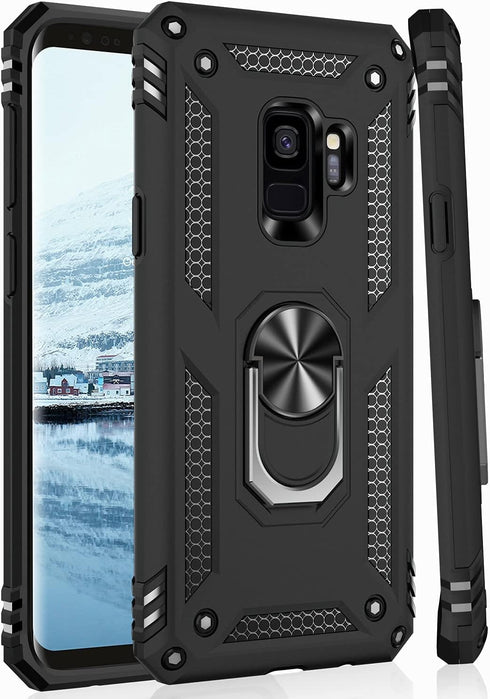 IKAZZ Military Grade Shockproof Case for Galaxy S9 - Heavy Duty Protective Phone Cover with Magnetic Kickstand, Black