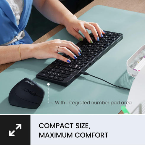 Perixx PERIBOARD-215B US Wired Keyboard, Ultra Slim Scissor Keys, 2 USB-A & USB-C Ports, Detachable Cable, Black