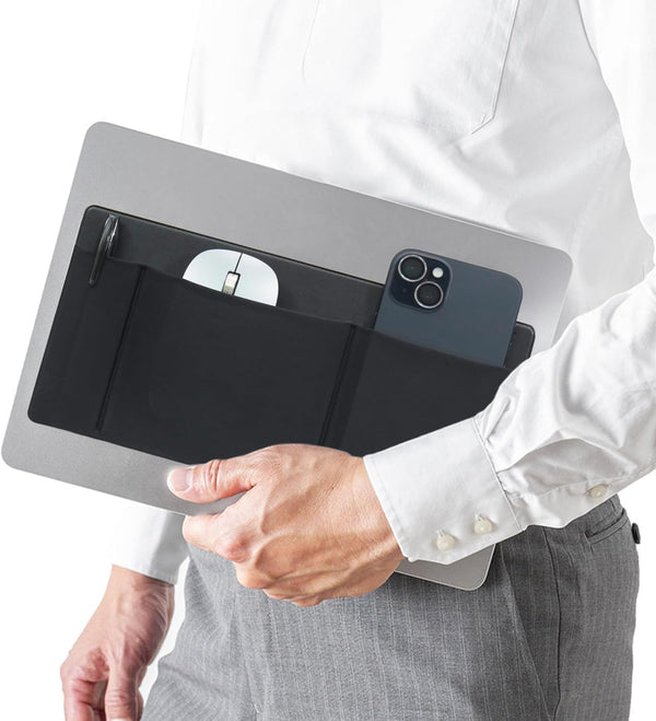 AMOZIFY 3-Pocket Organizer, Mouse Holder for Laptop Stick On, Adhesive Pouch &