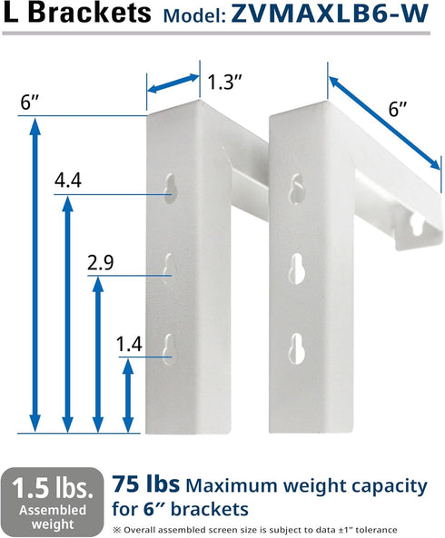 6" ZVMAXLB6-W Elite Screens White Projector Screen L-Brackets, Single Metal Welded Construction, Wall or Ceiling Mount