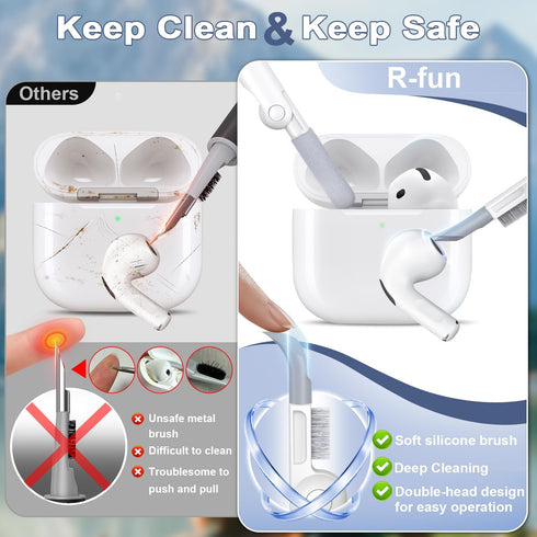 R-fun Case Cover for AirPods 4th with Cleaner Kit, Soft Skin Silicone with Keychain, Full Protective Case for Apple