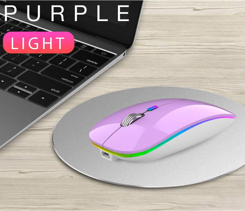 Uiosmuph LED Wireless Mouse, G12 Slim Rechargeable Silent Mouse with USB Receiver and Type C Adapter (Purple)