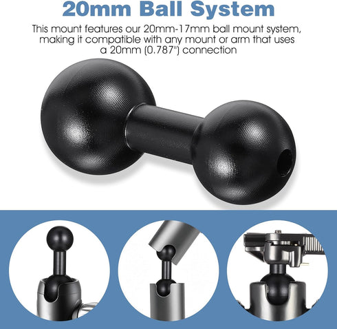 Exircy 20mm 17mm 17mm Aluminum Ball to Ball Adapter Extension Connector, Black Balls Mount Arm for GPS Devices