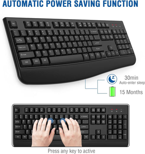 EDJO 2.4G Wireless Keyboard, Ergonomic Full Size Wireless Computer Keyboard with Wrist Rest for Windows, Mac OS