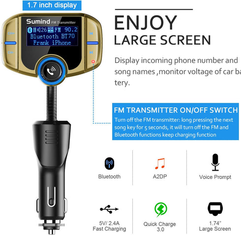 Upgraded Bluetooth FM Transmitter - Wireless Radio Adapter with 1.7'' Display, QC3.0, Smart Dual USB Ports, AUX