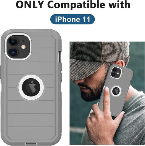 for iPhone 11 Case, with Built in Screen Protector Heavy Duty Drop Protection, Full Body Rugged Shockproof Dust Proof 3- Layer Tough Protective Phone Cover for Apple iPhone 11 Gray-B