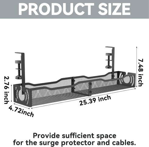 LOVJOYSE 25.3'' Cable Management, Under Desk Cable Management Tray No Drill, Metal Cable Organizer with Clamp for Wire