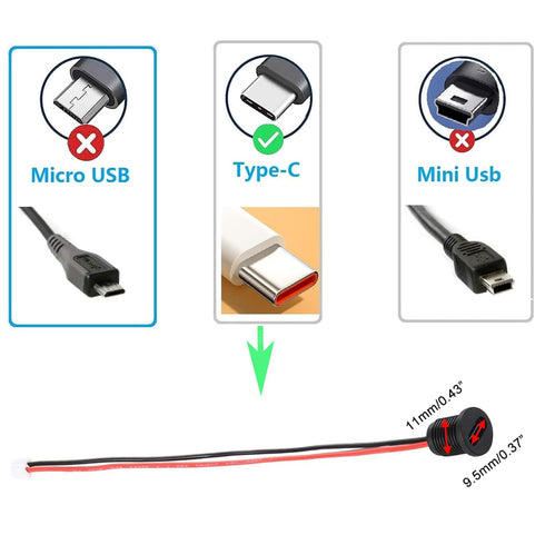 Type-C Female Chassis 2 Pin Wire Waterproof Jack Connectors 3A USB C Pigtail Cable Extension Socket Plug (10Pcs)