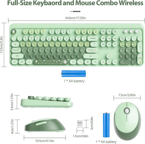 Fogruaden Green Keyboard and Mouse Wireless, Retro Typewriter Keyboard, 2.4GHz 104 Keys Full Size Cute Keyboard