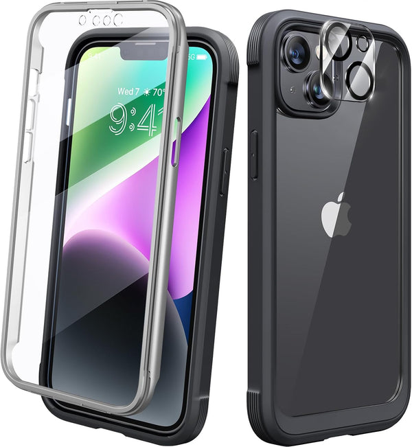 Diaclara Full Body Rugged Case for iPhone 14 Plus, with Built-in Touch Sensitive Anti-Scratch Screen Protector, Black