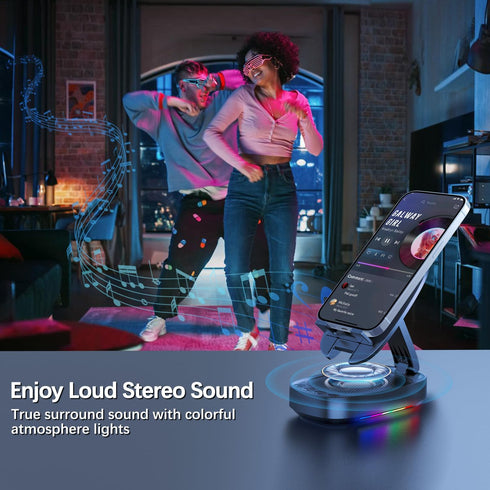 Adjustable Phone Holder with Wireless Bluetooth Speaker, 5 Colorful LED Modes, Anti-Slip Base, HD Surround Sound,
