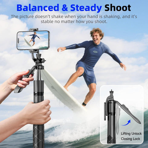 RUNNINGMT 71" 360 (71 inch-Black) Auto Pop Open Phone Tripod Stand, Selfie Stick with Bluetooth Remote for iPhone