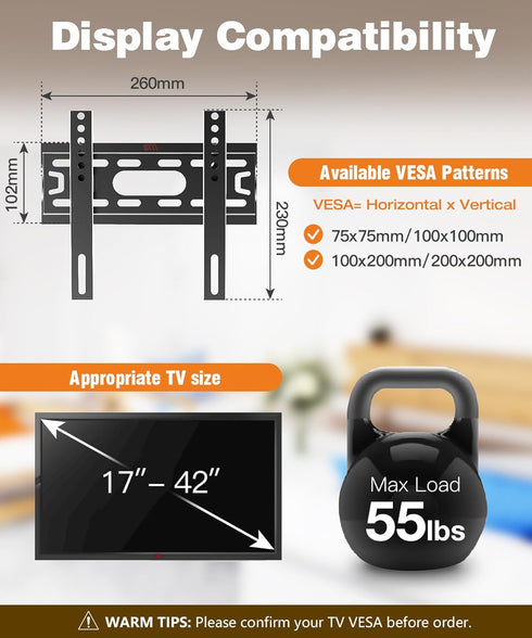 Fixed TV Wall Mount Low Profile for 17-42” Universal Small Flat TVs & Monitors, Slim Bracket Fits 8" Wood Studs Max