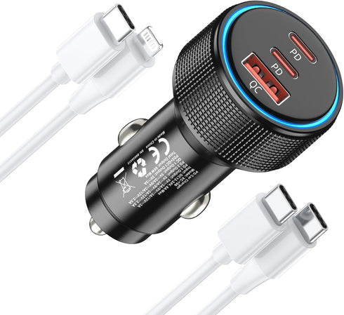 USB C Car Charger, 3-Port 66W Dual USB-C & USB-A Adapter with Fast Charging for iPhone 15/14/13, Samsung & More