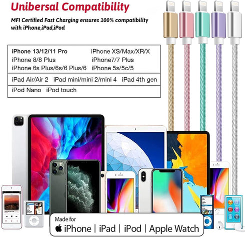 MFi Certified 5-Pack Nylon Braided Lightning Cables for iPhone 14, 13, 12, 11, XS, XR, 8, 7, 6s & iPad.
