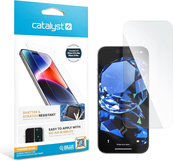 Catalyst Tempered Glass Screen Protector for iPhone 15 Pro Max and 15 Plus, Full Coverage Against Drops, Case-Friendly