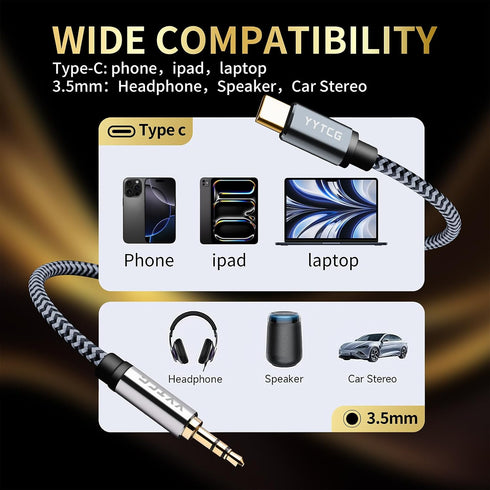 3.5mm 5.90ft/1.8m 4N 24K Audiophile HiFi USB-C to Aux Cable - OFC Core, Gold-Plated Plug, Nylon Braided, Compatible