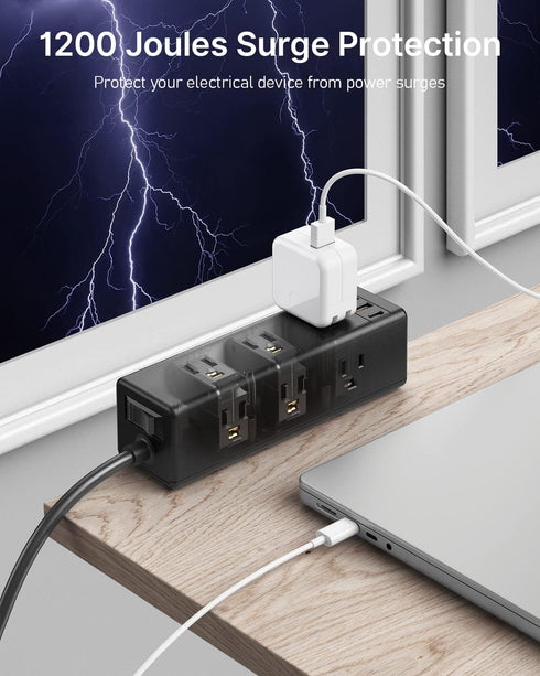 CCCEI 9 6 1.6 inch Desk Clamp Power Strip with Outlets, Desktop Edge Mount Surge Protector with USB-A and USB-C Ports
