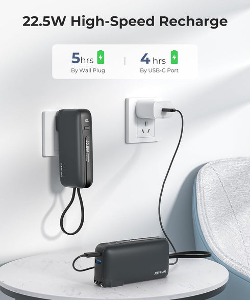3-in-1 Power Bank 10,000mAh with Built-in USB-C Cable, Fast Charging, Foldable AC Wall Plug for iPhone 16/15, Galaxy