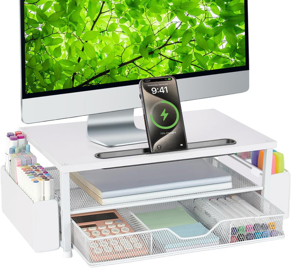 AUPSEN White Monitor Stand Riser, 2-Tier Wood Computer Desk Organizer with Drawer,