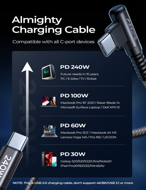 AINOPE 240W USB C to USB C Cable 6.6ft, C to C Type Fast Charging Cable for MacBook & iPad Pro, Samsung S23/22/21/20