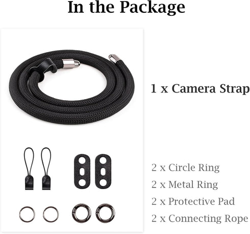 Camera Neck Strap Rope for Fujifilm X100VI, A6000, Canon EOS R6, Nikon Zf, Z5, Z30 - Black
