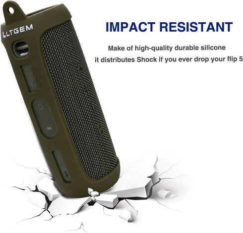 LTGEM Silicone Carrying Travel Case for JBL FLIP 5 Waterproof Portable Speaker with Extra Carabiner - Green