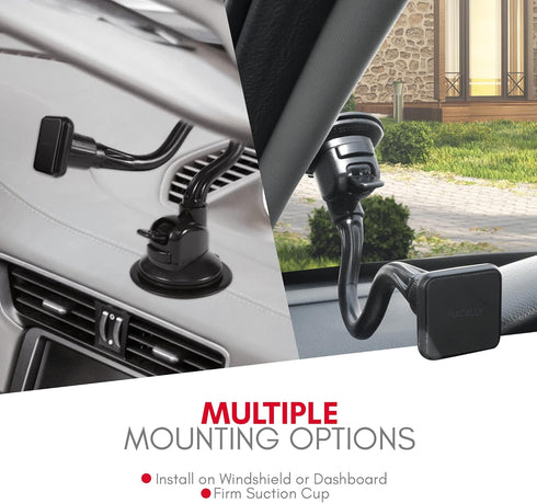 Macally Windshield Phone Mount for Car - Magnetic Suction Cup Window Holder with 8" Long Gooseneck Arm & Strong Magnet