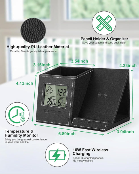 Pen Holder for Desk, Multi-Functional Organizer with Wireless Charger, Indoor Thermometer, Home Office Supplies