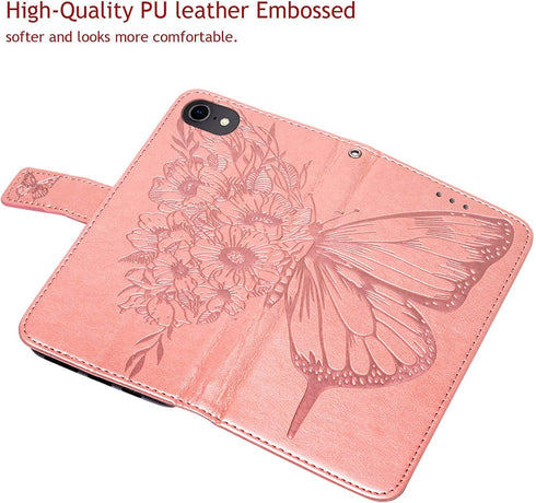 iPhone SE 2022/SE 2020 Case, Wallet Case for iPhone 6/6S/7/8, Butterfly Floral Embossed Leather Protective Flip Cover