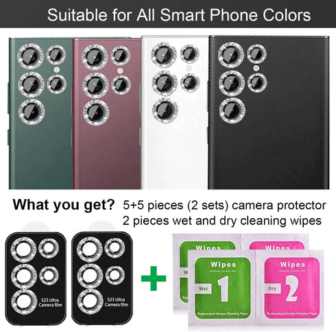 Samsung Galaxy S22 Ultra Camera Lens Protector - 5+5 Pack, Glitter Bling, Tempered Glass, Phone Case Friendly (Silver)