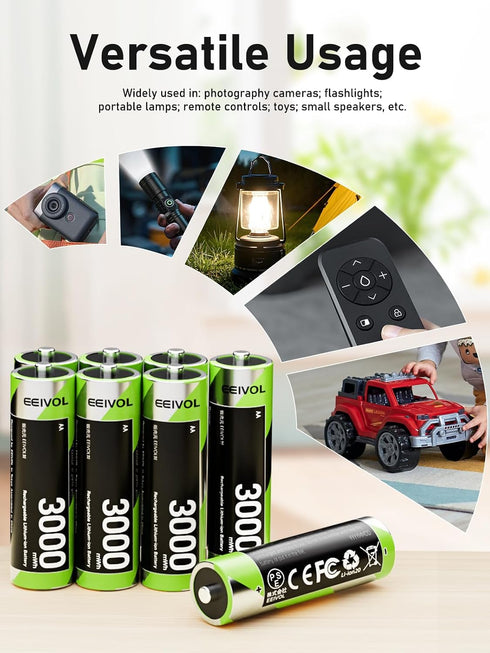 GrnOas.E 8-Pack 3000mWh 1.5V, 350mA Black Charger with Lithium-ion AA Rechargeable Batteries, Independent Slots, Fast