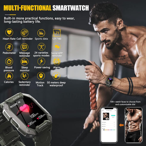 Smart Watches for Men - 1.71" HD Fitness Watch with Heart Rate Monitor, 5ATM Waterproof, 24 Sports Modes, 2 Bands