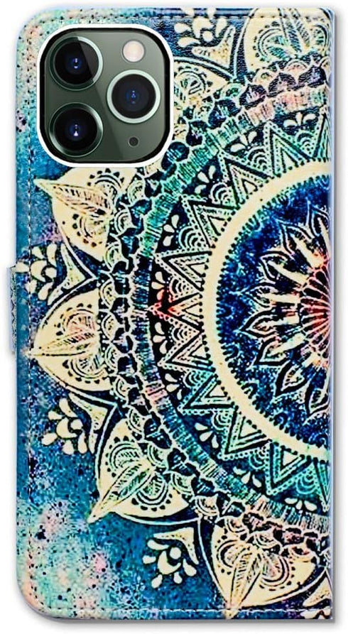 Case for iPhone 11 Pro Max, Green Circular Mandala Flip Leather Wallet Cover with Credit Card Slot and Kickstand