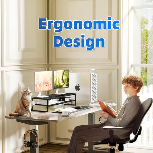 Simple Trending 2-Tier Metal Dual Monitor Stand Riser, Black Computer Office Desktop Organizer with Mouse Pad