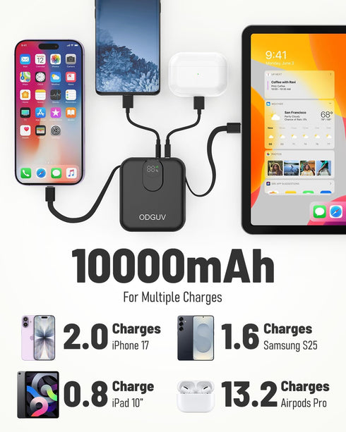ODGUV Cables,22.5W Pack 10000mAh,Travel Small Portable Charger with Built-in Fast Charging Power Bank,USB-C Mini