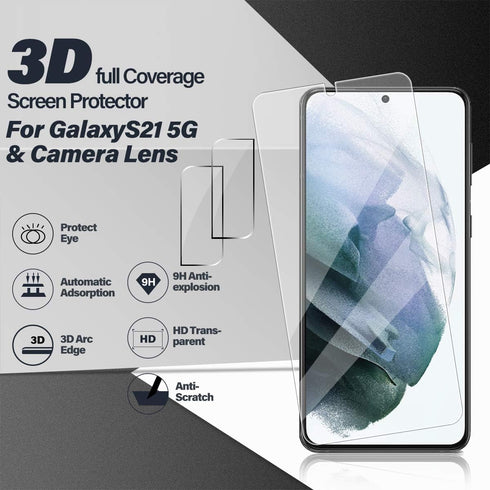 Galaxy S21 Tempered Glass Screen Protector + Camera Lens Protector, 2 + 2 Pack, Case Friendly