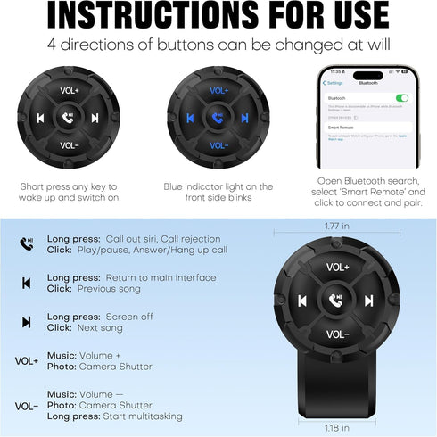 GLOBELEC Bluetooth Media Button Remote Control,Adjustable Direction Waterproof Controller,Remote Selfie Music Control