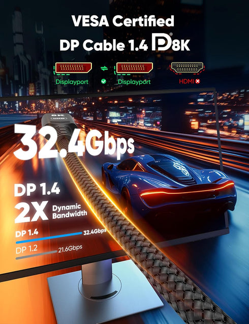 Capshi 8K 4K DisplayPort Cable 1.4, 3.3FT DP Cord for Gaming Monitor, VESA Certified, High Speed Braided (Black)