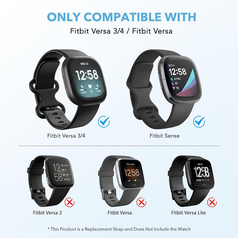 2 Pack Waterproof Bands for Fitbit Versa 3/Versa 4/Sense/Sense 2, Classic Soft Sports Replacement Wristbands