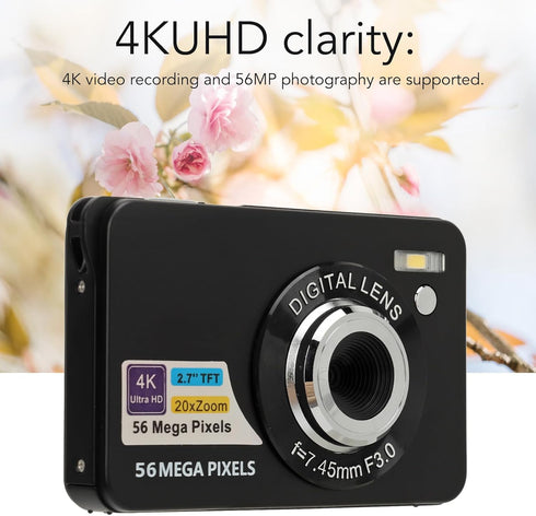 FHD 4K 56MP Compact Digital Camera with 20X Zoom, Autofocus, Waterproof for Photography Vlogging