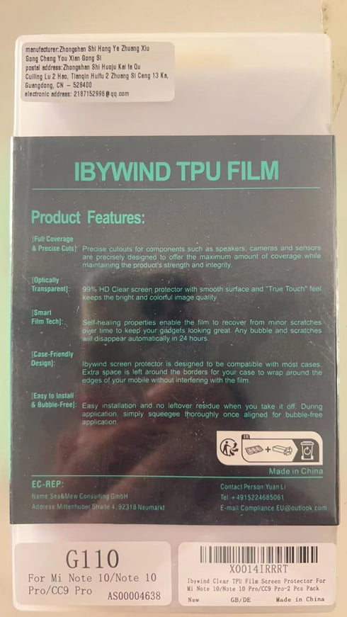 Ibywind Screen Protector for Mi Note 10/Note 10 Pro/CC9 Pro (2 Pcs) - Flexible TPU Film with Camera Lens Protector