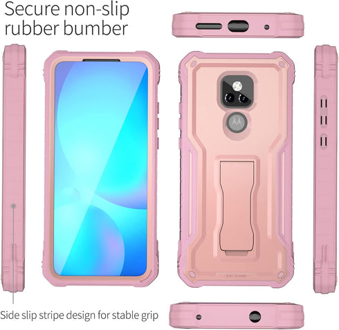 Moto G Play 2021 Case by ExoGuard, Rubber Shockproof Full-Body Cover with Built-in Screen Protector & Kickstand (Pink)
