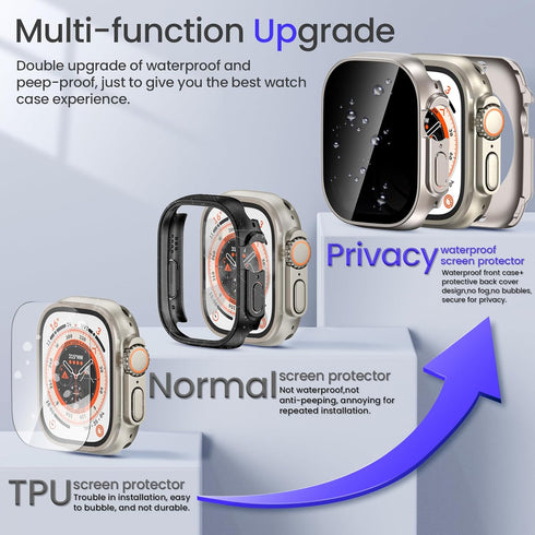 Goton 2 in 1 Privacy Waterproof Case for Apple Watch Ultra/Ultra 2 Screen Protector 49mm, Front Anti Spy Tempered Glass Face Cover + Back Bumper for iWatch Accessories 49 mm Titanium