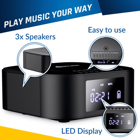 KLIM E1 MP3 Boombox - CD Player Portable Audio System + Extra BASS with Subwoofer + FM Radio, CD Bluetooth AUX USB +