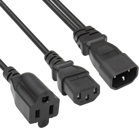 C14 to C13+NEMA 5-15R Y Splitter Power Cord, YACSEJAO 10A/250V IEC 320 Single Male to C13 + NEMA 5-15R (1FT/30CM)