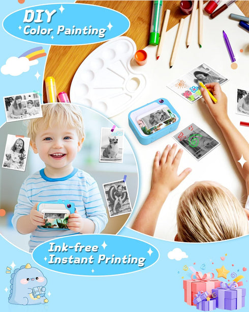 Kids Instant Print Camera, 1080p Ink Free Printing Dinosaur Camera for Ages 3-12, Christmas Birthday Gifts, Blue