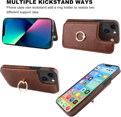 OT ONETOP 13 360 6.1 Inch ONETOP for iPhone Wallet Case with Card Holder, Rotation Ring Kickstand RFID Blocking PU