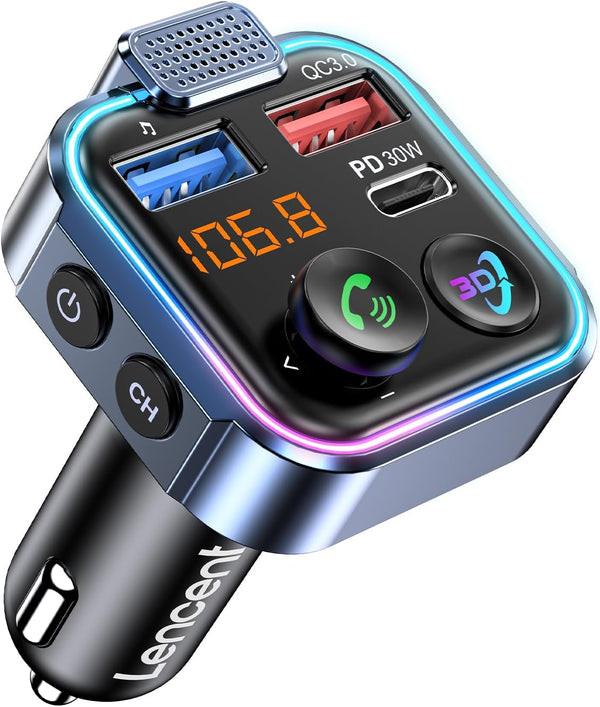 LENCENT Bluetooth 5.3 FM Transmitter, Wireless Radio Adapter Car Kit with Type-C PD 30W, Hands-Free Calling, Color Light