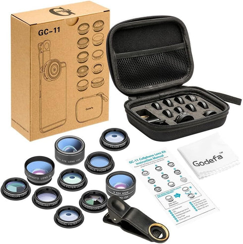 Cell Phone Camera Lens Kit - 11 in 1 Super Wide Angle, Macro, Fisheye, Telephoto, CPL & More for iPhone/Samsung